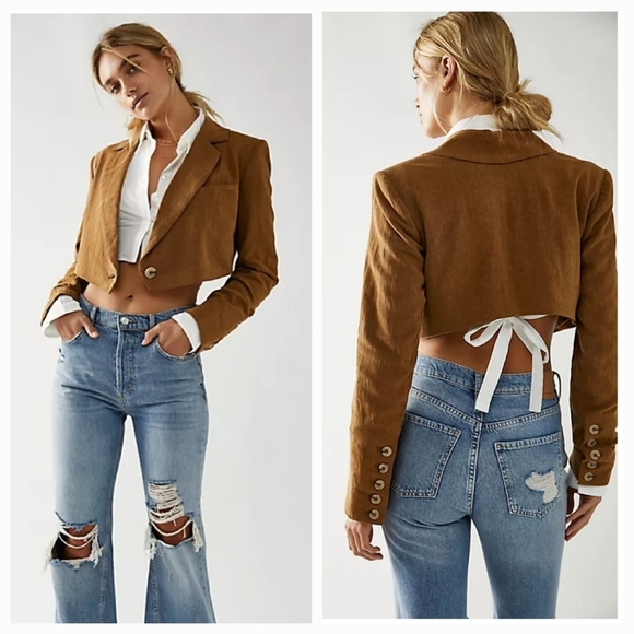 NWOT Free People Berry Wine Coco Cropped Linen Blend Blazer - Picture 6 of 6
